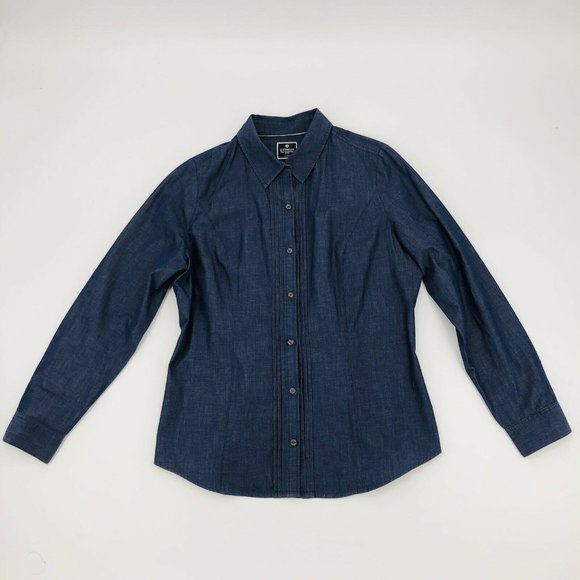 Express Essential Shirt Medium Blue Fitted Long Sleeve Collar Pleated Button - Picture 2 of 9